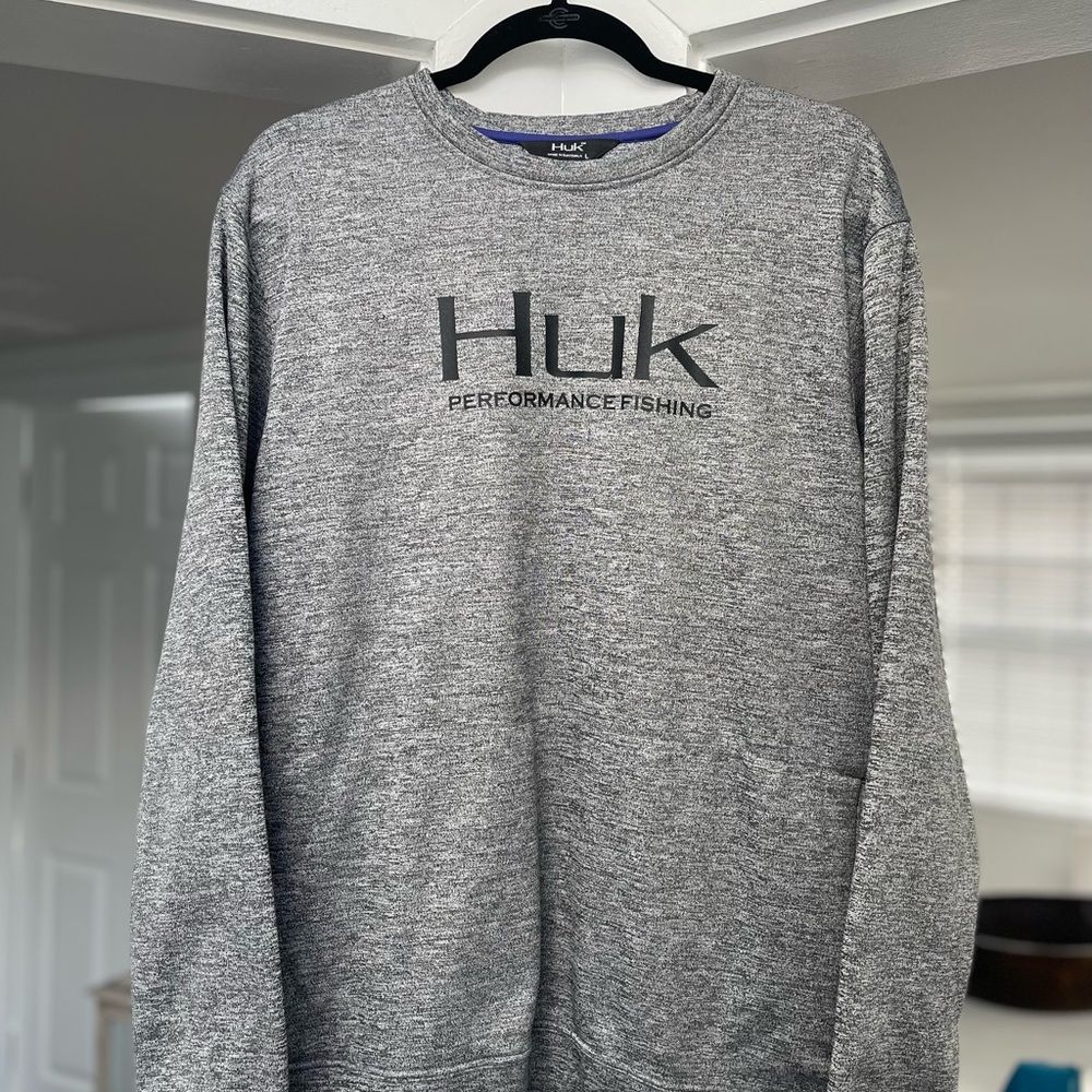 Huk Performance Fishing Men's Grey Fleece Sweatshirt Zip Pockets Size Large EUC